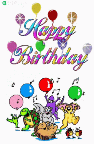 A Birthday Card With A Bunch Of Animals And Balloons GIF