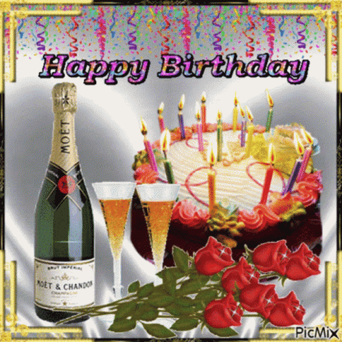 A Birthday Card With A Cake A Bottle Of Moet And Champagne GIF