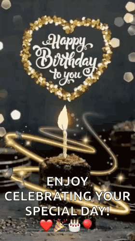 A Birthday Card With A Cake And A Candle On It . GIF