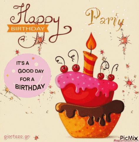 A Birthday Card With A Cake And A Candle That Says Happy Birthday It 'S A Good Day For A Birthday GIF