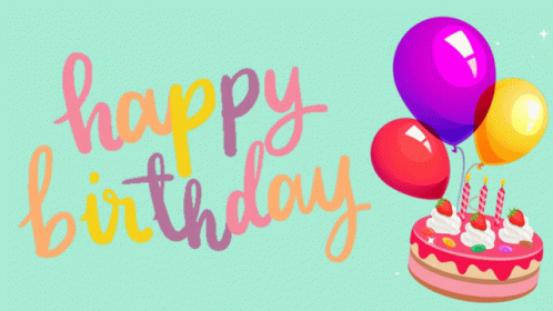 A Birthday Card With A Cake And Balloons And The Words Happy Birthday GIF