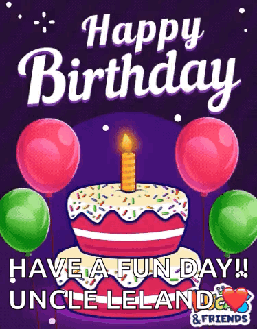 A Birthday Card With A Cake And Balloons That Says Happy Birthday Have A Fun Day Uncle Leland GIF