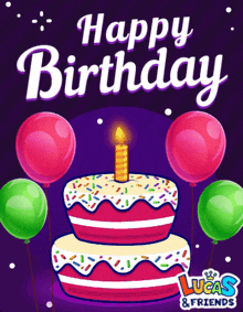 A Birthday Card With A Cake And Balloons That Says Lucas & Friends GIF