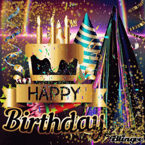 A Birthday Card With A Cake And Party Hats And The Words Happy Birthday GIF