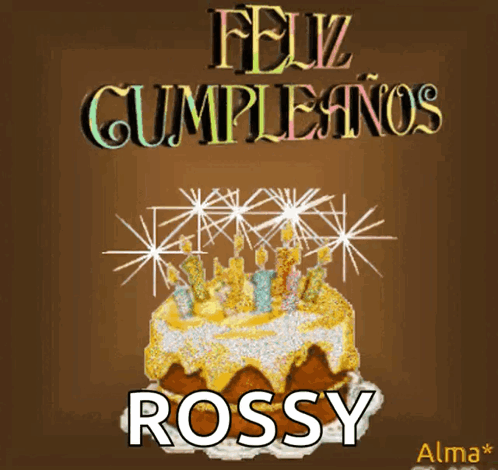 A Birthday Card With A Cake And The Name Rossey GIF