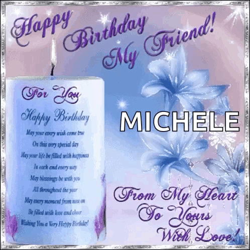 A Birthday Card With A Candle And The Name Michele GIF