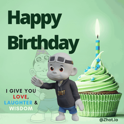 A Birthday Card With A Cartoon Character And A Cupcake With A Candle GIF