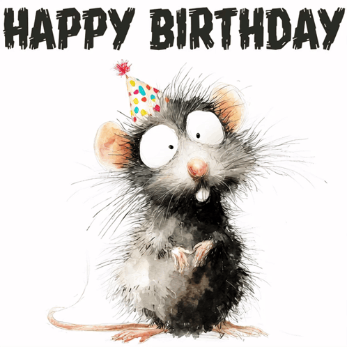 A Birthday Card With A Cartoon Mouse Wearing A Party Hat GIF
