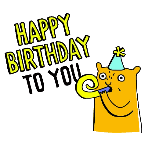 a birthday card with a cat blowing a party horn