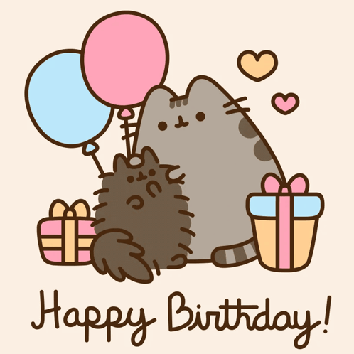 A Birthday Card With A Cat Holding Balloons And Gifts GIF