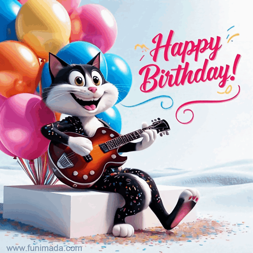 A Birthday Card With A Cat Playing A Guitar And The Words Happy Birthday GIF