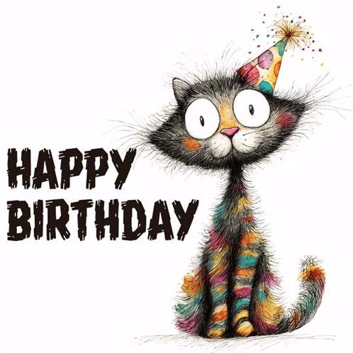 a birthday card with a cat wearing a party hat and glasses