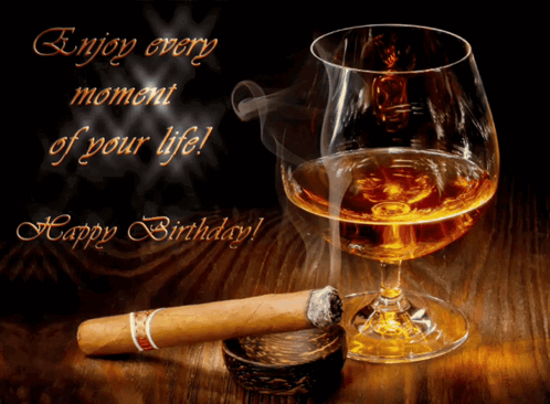A Birthday Card With A Cigar And A Glass Of Cognac GIF