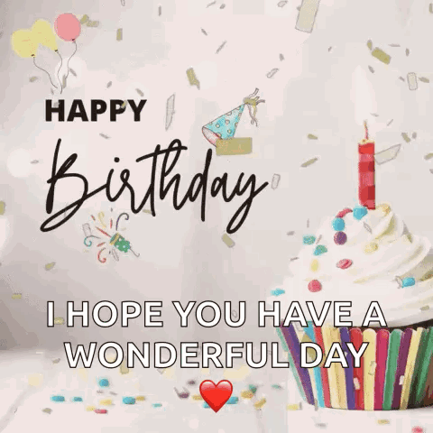 A Birthday Card With A Cupcake And A Candle And The Words `` I Hope You Have A Wonderful Day '' . GIF