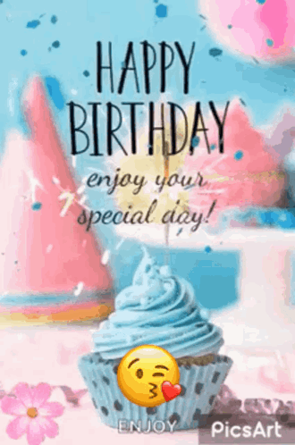 A Birthday Card With A Cupcake And A Smiley Face On It GIF