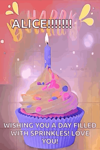 A Birthday Card With A Cupcake With A Candle And Sprinkles On It . GIF