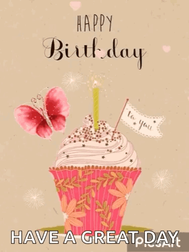 A Birthday Card With A Cupcake With A Candle On Top GIF