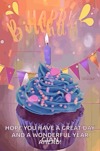 A Birthday Card With A Cupcake With Blue Frosting And A Lit Candle GIF
