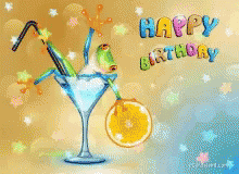 A Birthday Card With A Frog In A Martini Glass And The Words Happy Birthday GIF