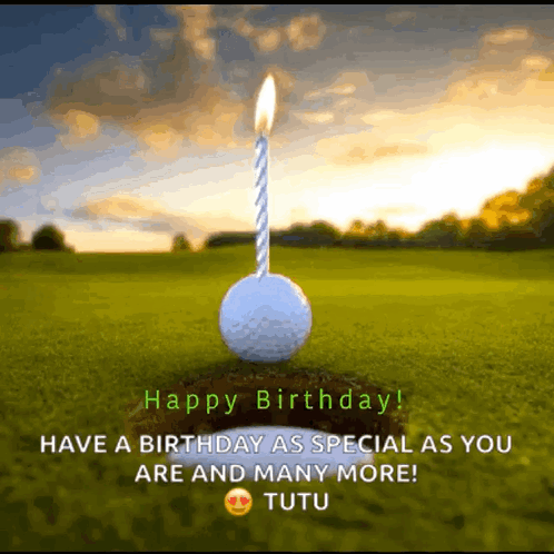 A Birthday Card With A Golf Ball And A Candle GIF