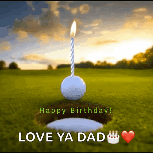 A Birthday Card With A Golf Ball With A Candle On Top Of It GIF