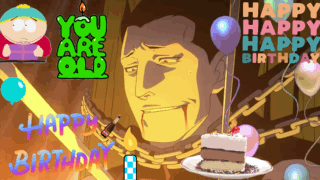 a birthday card with a man chained to a chain and a cake
