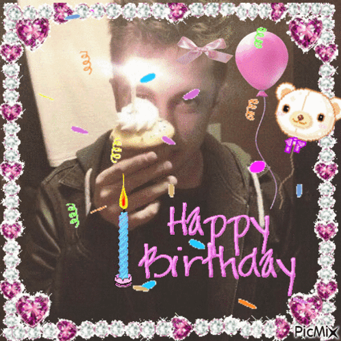 A Birthday Card With A Man Holding A Cupcake GIF