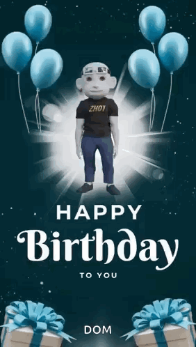 A Birthday Card With A Mascot And Balloons And Says Happy Birthday To You Dom GIF