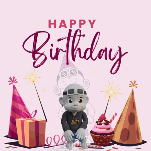 A Birthday Card With A Monkey And A Cupcake GIF
