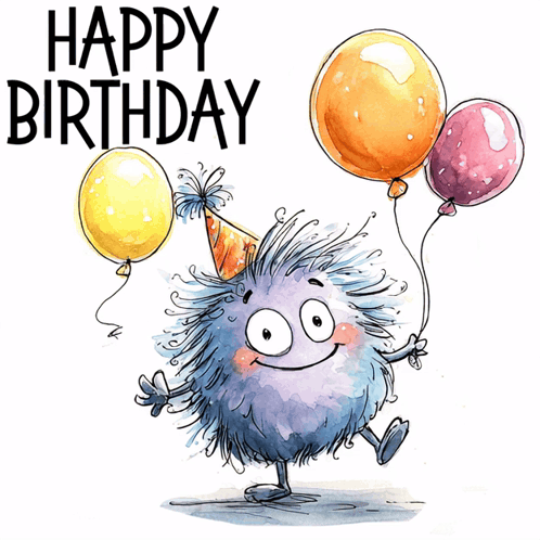 a birthday card with a monster holding balloons and the words happy birthday