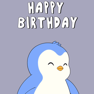 A Birthday Card With A Penguin And Balloons That Says " Happy Birthday " GIF