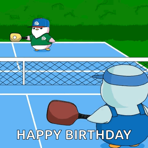 A Birthday Card With A Penguin Playing Tennis GIF