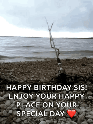 A Birthday Card With A Picture Of A Fishing Rod On The Beach GIF