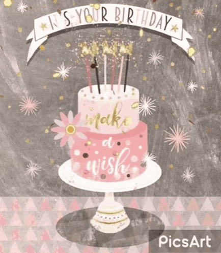 A Birthday Card With A Pink Cake That Says ' It 'S Your Birthday Make A Wish ' GIF