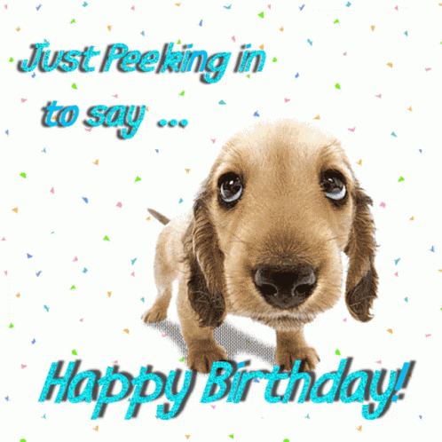 A Birthday Card With A Puppy And The Words " Just Peeking In To Say Happy Birthday " GIF