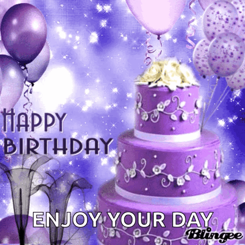 A Birthday Card With A Purple Cake And Balloons Says " Happy Birthday Enjoy Your Day " GIF