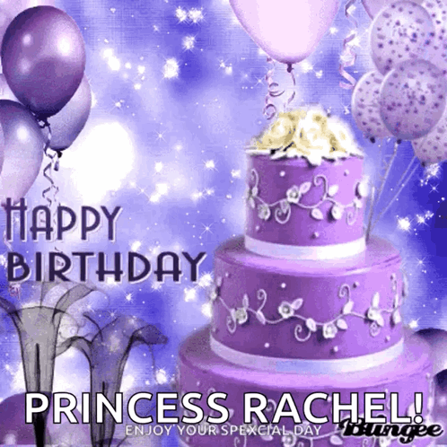A Birthday Card With A Purple Cake And Balloons Says Happy Birthday Princess Rachel GIF