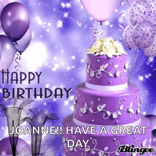 A Birthday Card With A Purple Cake And Balloons That Says Happy Birthday Joanne Have A Great Day GIF