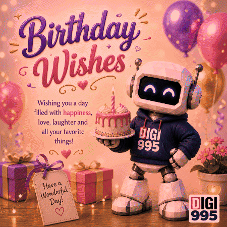 A Birthday Card With A Robot Holding A Cake And A Sign That Says Have A Wonderful Day GIF