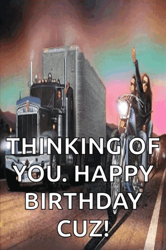 A Birthday Card With A Truck And Two People Riding Motorcycles . GIF