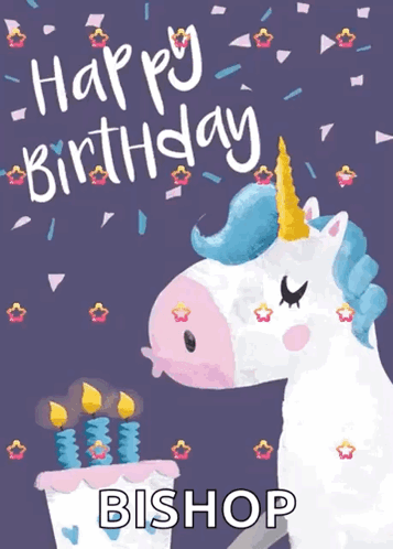 A Birthday Card With A Unicorn And A Cake With The Name Bishop On It GIF