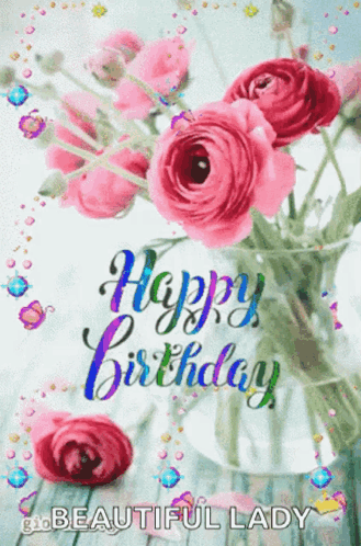 A Birthday Card With A Vase Of Pink Roses And The Words Happy Birthday GIF