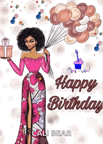 A Birthday Card With A Woman Holding Balloons And Gifts GIF