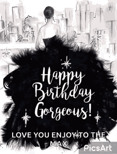 A Birthday Card With A Woman In A Black Dress GIF
