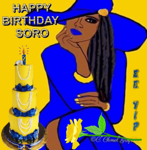 A Birthday Card With A Woman In A Blue Hat GIF