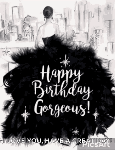 A Birthday Card With A Woman In A Fur Coat And The Words `` Happy Birthday Gorgeous '' . GIF