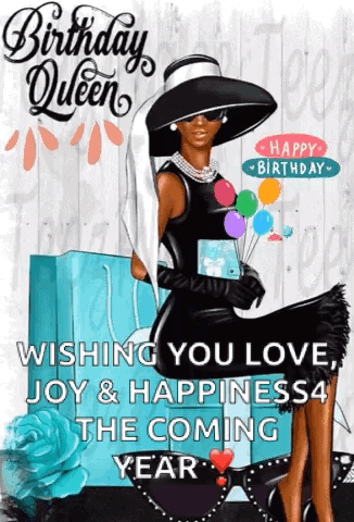 A Birthday Card With A Woman Wearing A Hat And Holding Balloons GIF