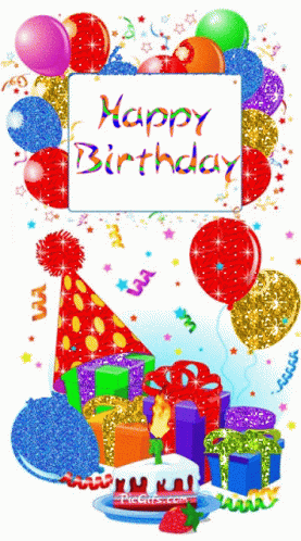 A Birthday Card With Balloons Gifts And A Cake GIF