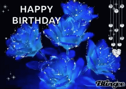 A Birthday Card With Blue Roses And The Words Happy Birthday On It GIF