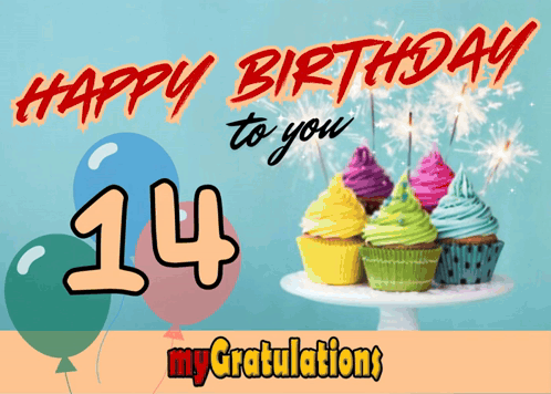 A Birthday Card With Cupcakes And Balloons And The Number 14 GIF